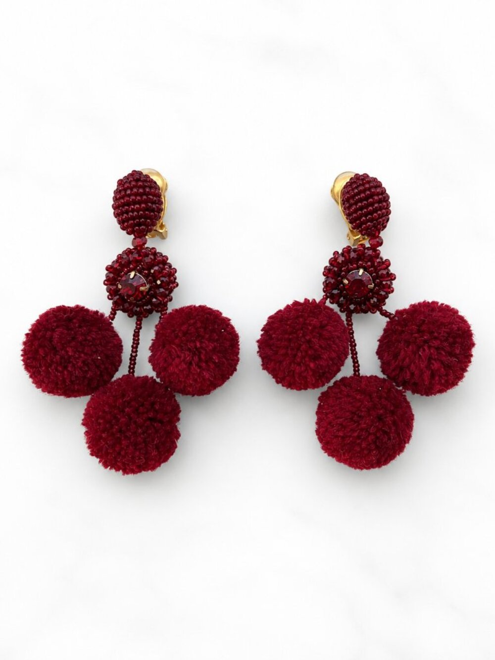 Oscar de la Renta Merlot Beaded Pom Pom Tassel Clip-On Statement Earrings